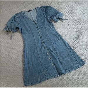 Womens Sim & Sam Button Up Denim Midi Dress with Tie Puff Like Sleeves